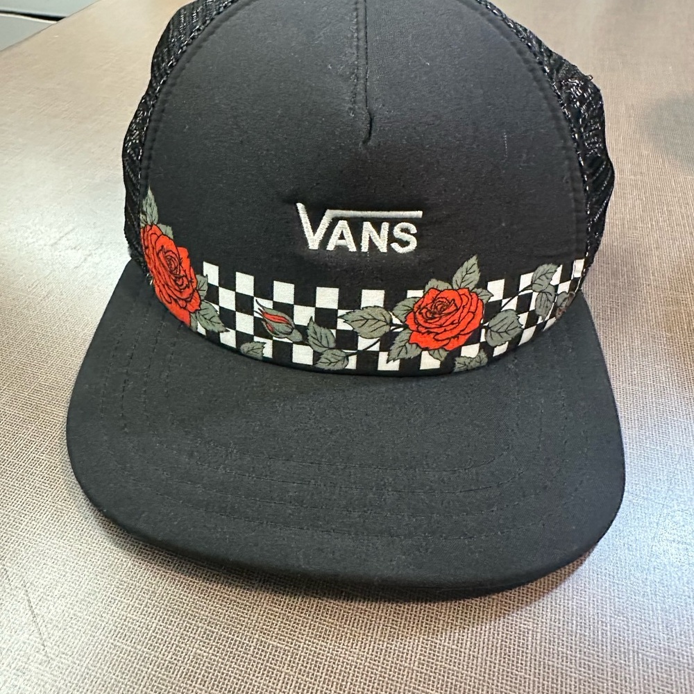 Vans Black Hat with Red Roses and Checkered Pattern